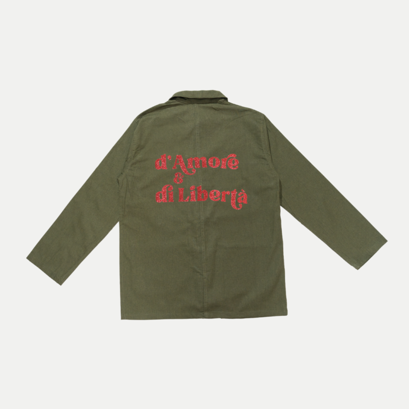 Bleu de Chine corse en kaki floqué d'Amore è di Libertà floqué en rose pailleté