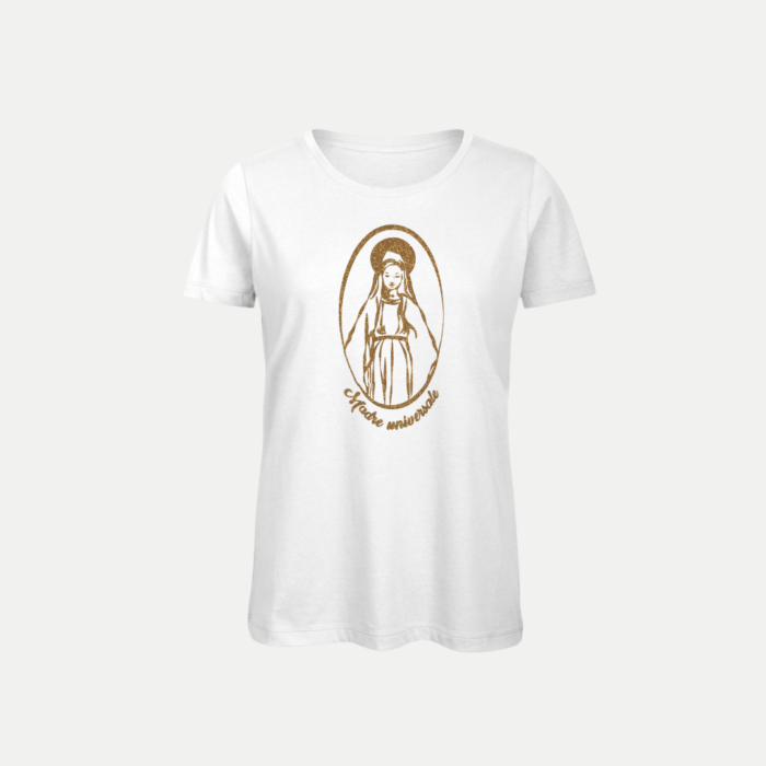 T-shirt femme blanc à flocage doré pailleté Madre Universale, col rond, coupe ajustée