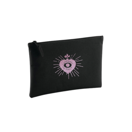 Pochette Core Francu petit format en coton noir, cœur floqué rose pailleté au centre, accessoire pratique et poétique