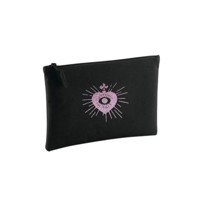 Pochette Core Francu petit format en coton noir, cœur floqué rose pailleté au centre, accessoire pratique et poétique