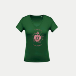 T-shirt Core Francu vert avec cœur pailleté rose floqué, coton doux et coupe ajustée pour silhouette féminine