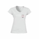Tee-shirt femme brodé Amicizia blanc col V, avec broderie de deux verres et message en corse sur la poitrine
