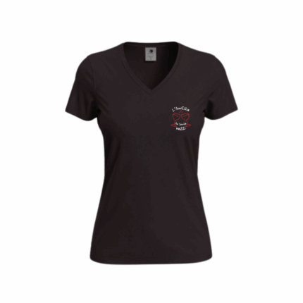 Tee-shirt femme brodé Amicizia noir col V, avec broderie de deux verres et message en corse sur la poitrine