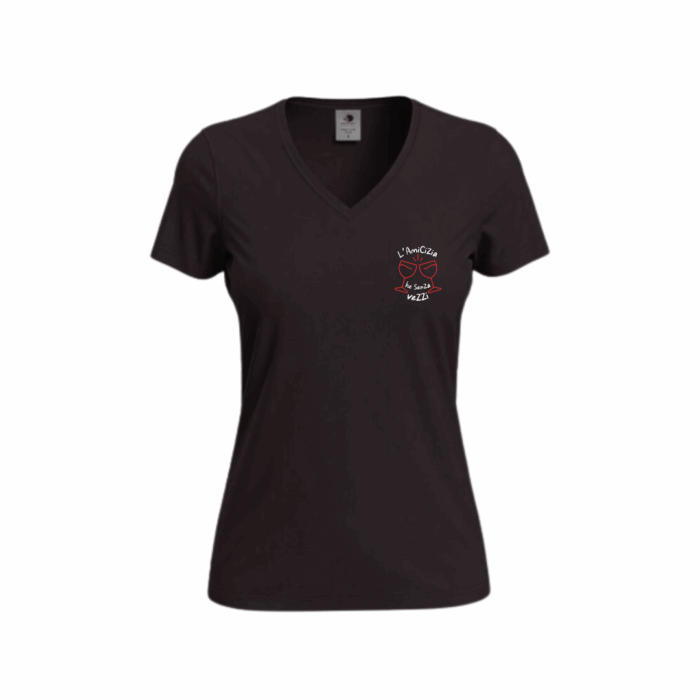 Tee-shirt femme brodé Amicizia noir col V, avec broderie de deux verres et message en corse sur la poitrine