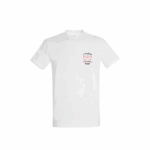 Tee-shirt pour homme brodé Amicizia blanc, visuel deux verres qui trinquent et message en corse, coupe droite