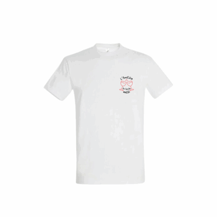 Tee-shirt pour homme brodé Amicizia blanc, visuel deux verres qui trinquent et message en corse, coupe droite