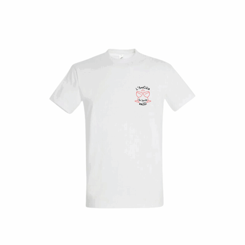 Tee-shirt pour homme brodé Amicizia blanc, visuel deux verres qui trinquent et message en corse, coupe droite