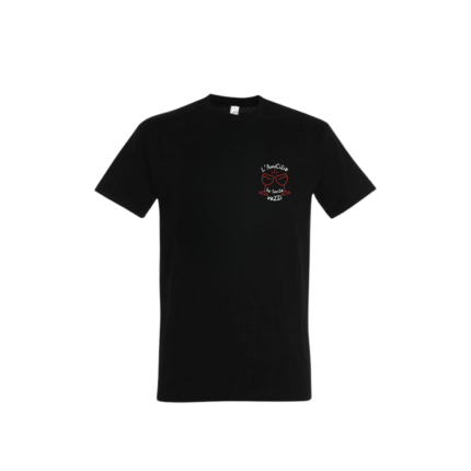 T-shirt pour homme brodé Amicizia noir, visuel deux verres qui trinquent et message en corse, coupe droite