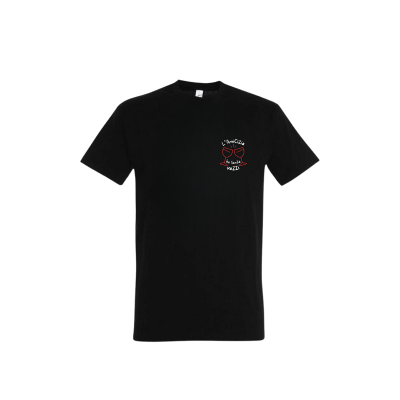 T-shirt pour homme brodé Amicizia noir, visuel deux verres qui trinquent et message en corse, coupe droite