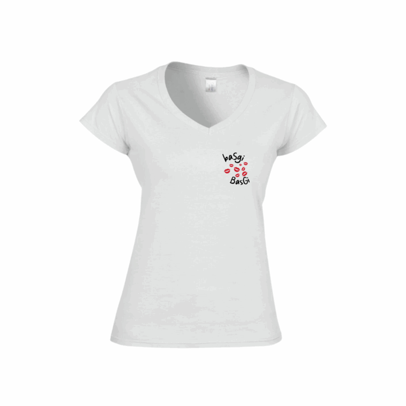 T-shirt femme brodé Basgi Basgi blanc, coupe féminine col V, message doux et broderie bisous rouges