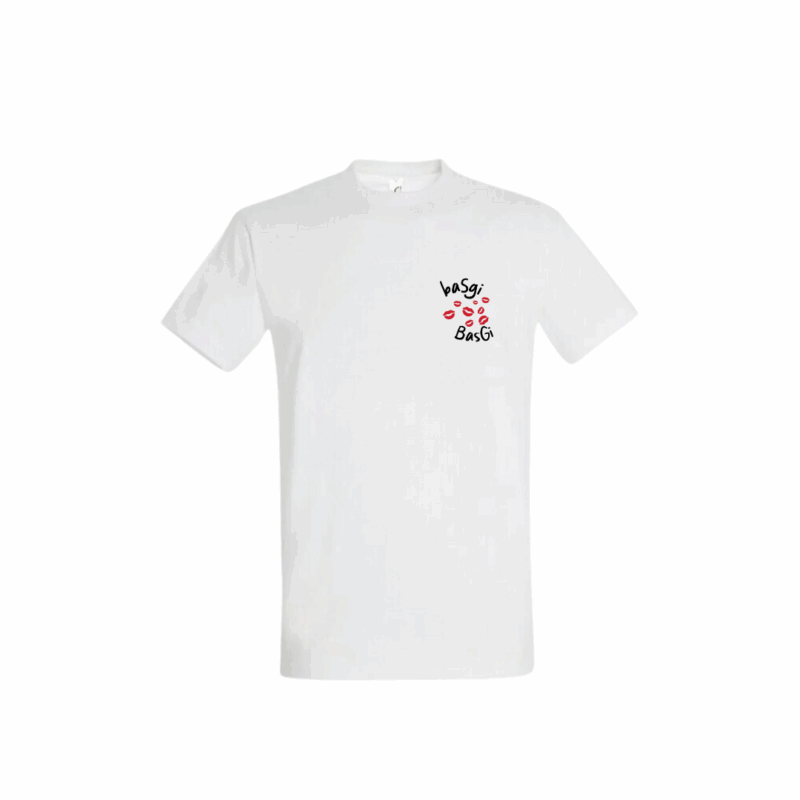 T-shirt pour homme brodé Basgi Basgi blanc, broderie bisous rouges et texte affectif sur la poitrine, coupe droite en coton