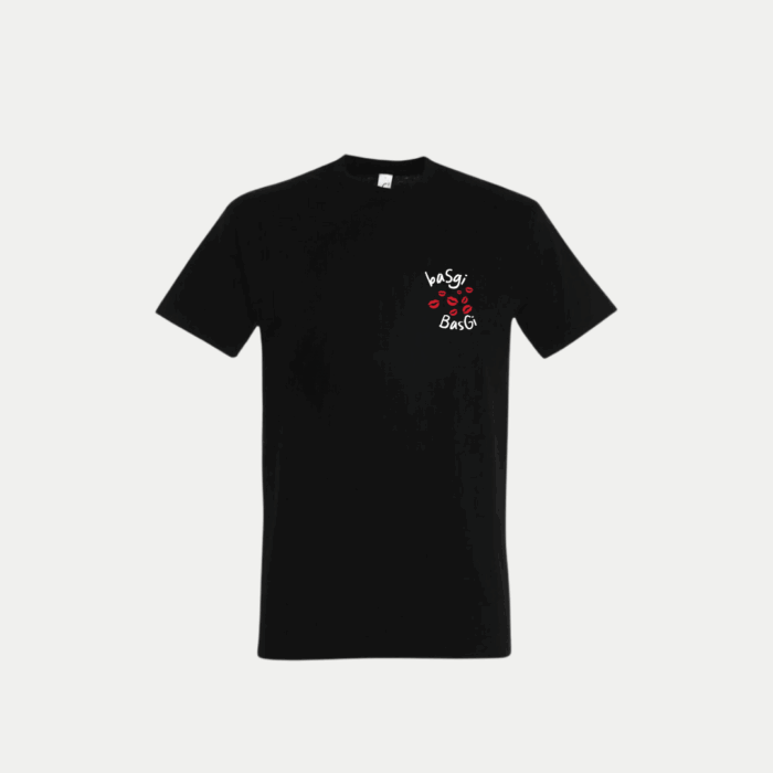 T-shirt pour homme brodé Basgi Basgi noir, broderie bisous rouges et texte affectif sur la poitrine, coupe droite en coton