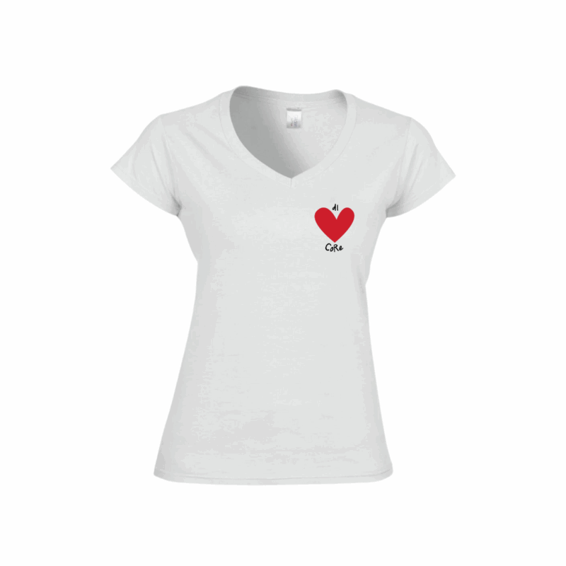 T-shirt femme brodé Di Core col V en blanc, cœur rouge brodé sur la poitrine, coupe ajustée en coton doux