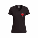 T-shirt femme brodé Di Core col V en noir, cœur rouge brodé sur la poitrine, coupe ajustée en coton doux