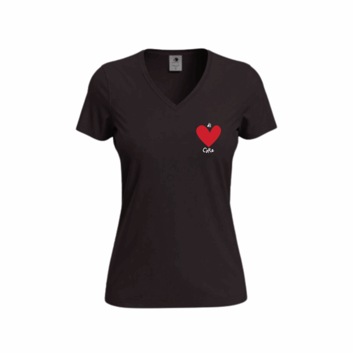 T-shirt femme brodé Di Core col V en noir, cœur rouge brodé sur la poitrine, coupe ajustée en coton doux