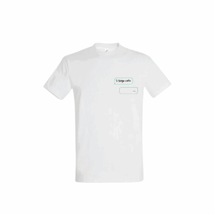Tee-shirt pour homme brodé Ti tengu caru, message en bulle brodée façon SMS avec "..." et "Ti tengu caru", coupe droite en blanc