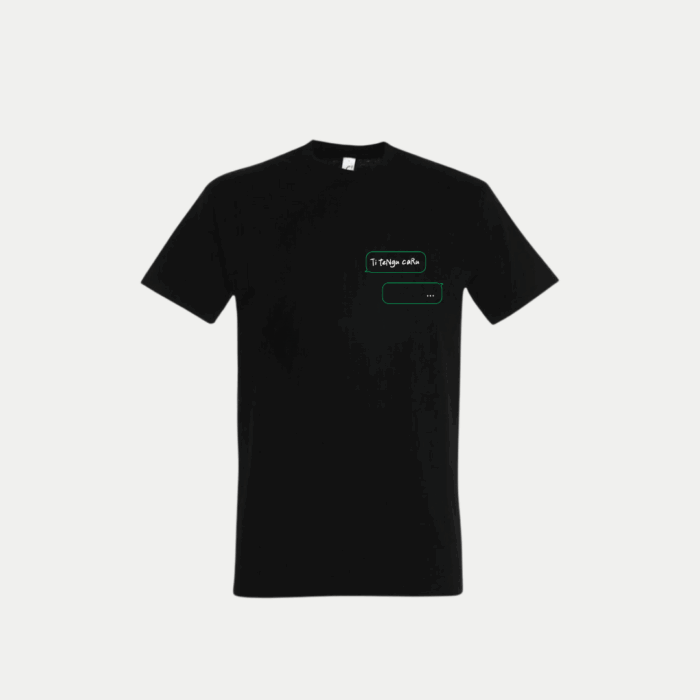 Tee-shirt pour homme brodé Ti tengu caru, message en bulle brodée façon SMS avec "..." et "Ti tengu caru", coupe droite noire