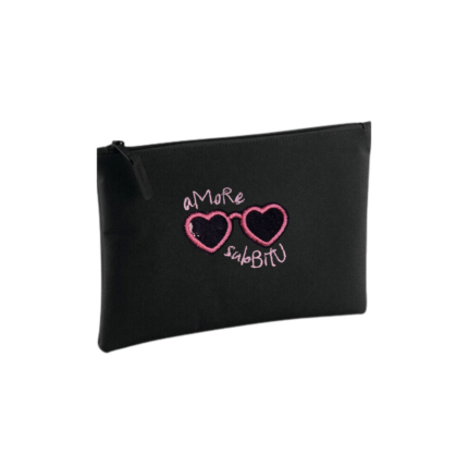 Pochette noire petit format Amore Subitu lunette rose en forme de cœur, le coup de foudre corse