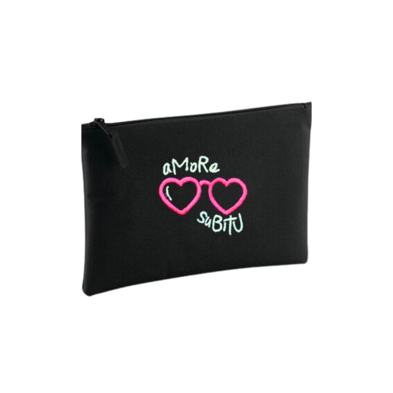 Pochette noire petit format Amore Subitu lunette rose en forme de cœur, le coup de foudre corse