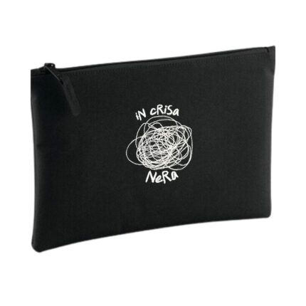 Pochette brodée In Crisa Nera noire avec motif gribouillis blanc et texte humoristique