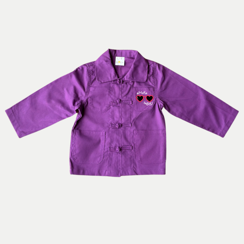 Bleu de Chine violet pour enfant Amore Subitu, avec motif lunettes en forme de cœur rose et message espiègle brodé