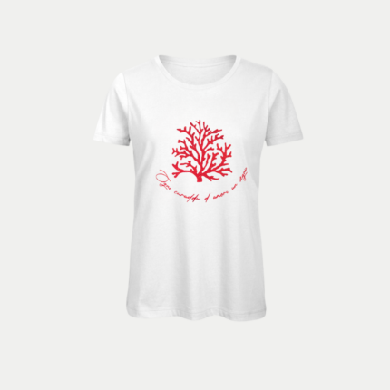 T-shirt u Curaddu rouge à paillettes, corail corse, en blanc coupe femme