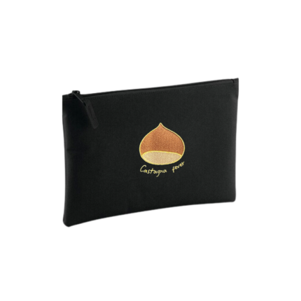 Pochette petit format noire, brodée Castagna fever, la châtaigne corse dans tous ses états