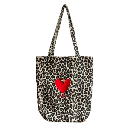 Tote bag Léopard brodé avec l'expression corse Di Core et d'un cœur rouge