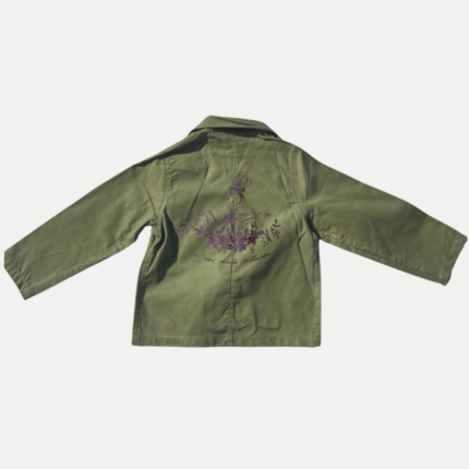 Bleu de Chine enfant Madonuccia brodée en kaki, avec broderie artisanale de la Vierge au dos, collection loru.corsica