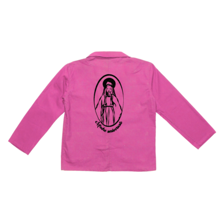 Veste bleu de Chine rose floquée avec la madre universale, une vierge façon médaille miraculeuse en noir paillettes