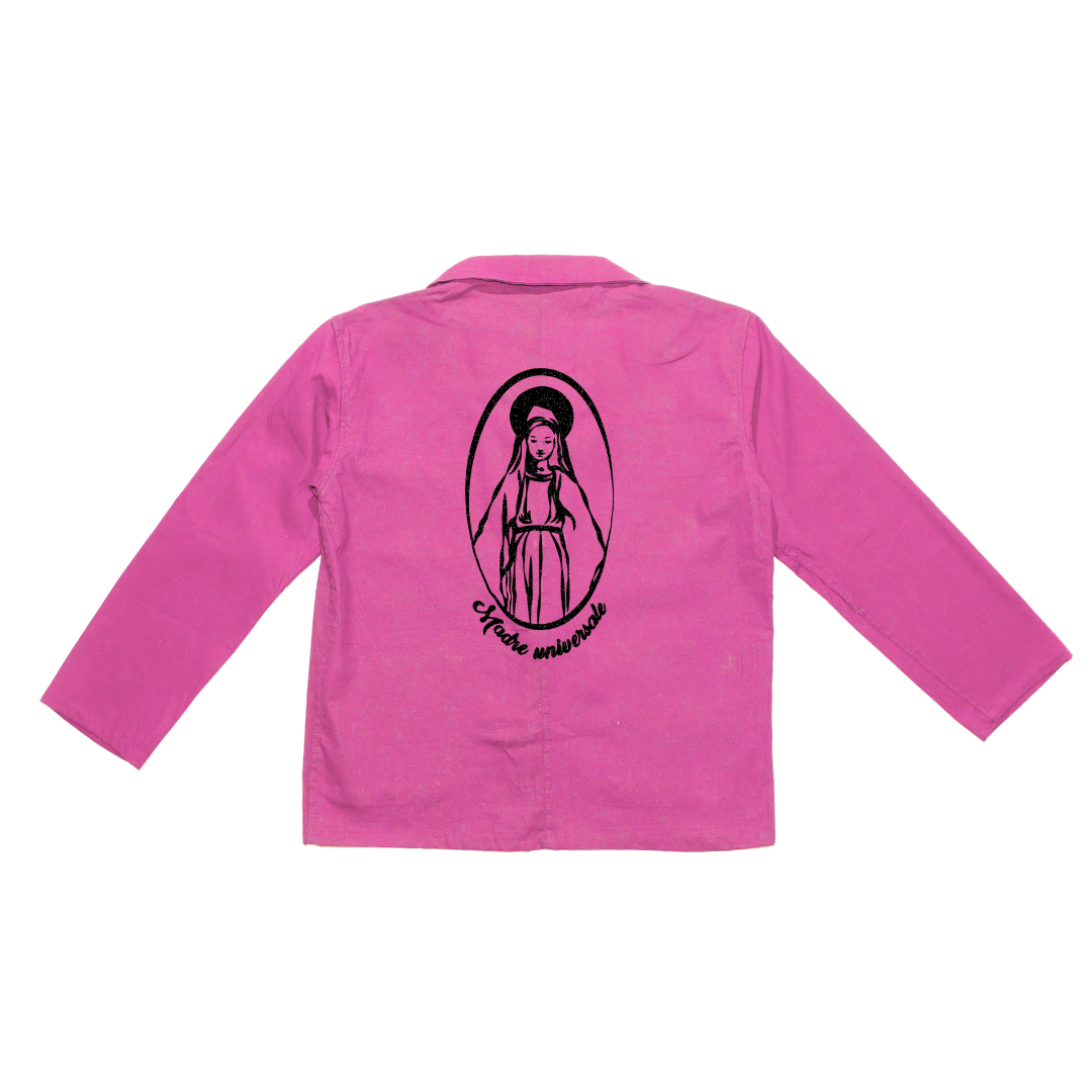 Bleu de Chine rose madre universale floqué noire et paillettes Veste bleu de Chine rose floquée avec la madre universale, une vierge façon médaille miraculeuse en noir paillettes