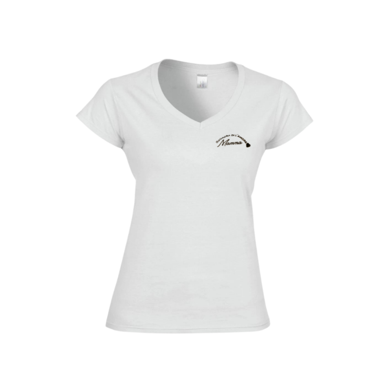 T-shirt femme col V blanc broderie noire Mamma Squadra di l'amore – L'Oru fête des mères Corse