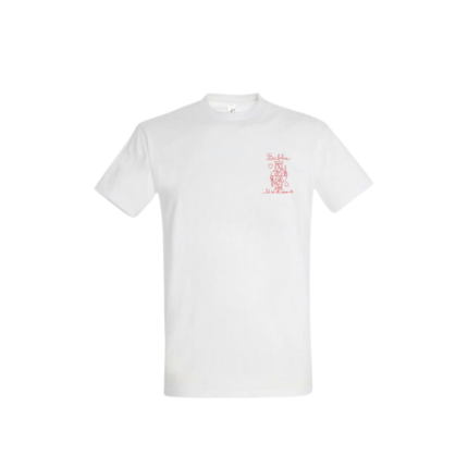 T-shirt blanc brodé "Babbu u rè di core" en rouge, comme une carte roi de cœur