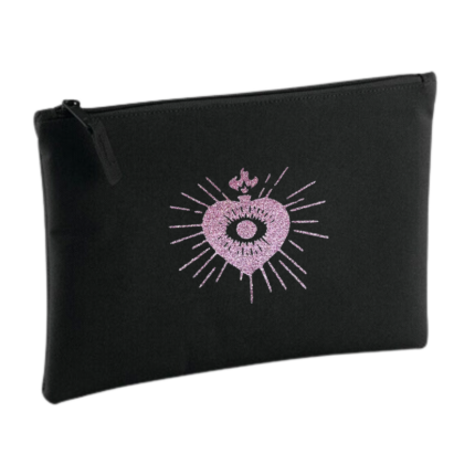 Pochette noire petit format floquée d'un cœur rose pailleté dit Core Francu, un cœur sincère